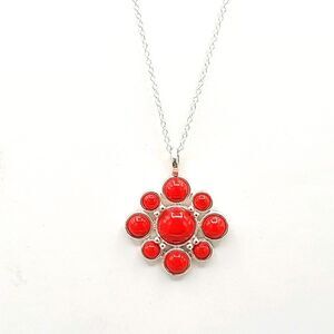 Fashion Pendant Necklace, Silver with Red Stones